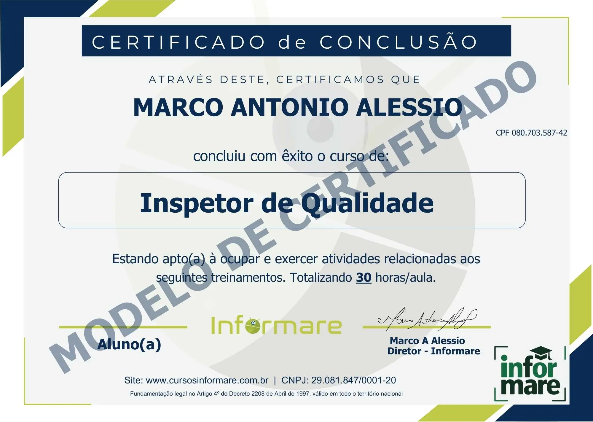 Modelo do Certificado de Inspetor de Qualidade