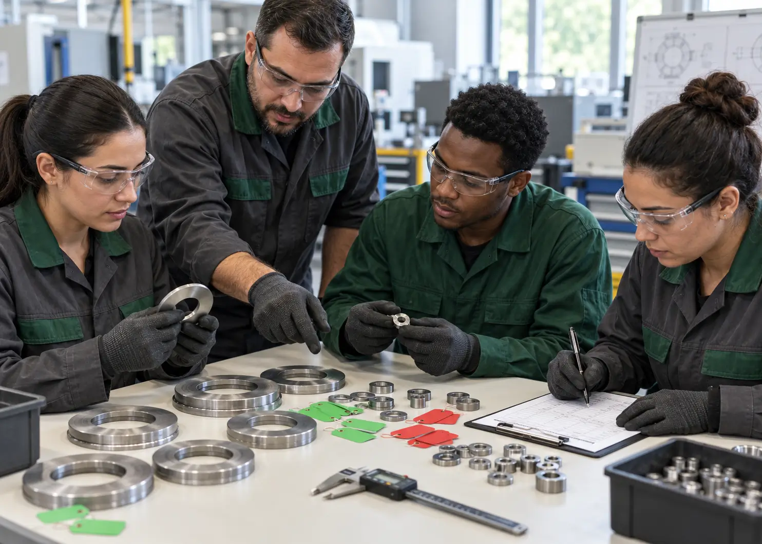 Grupo realizando atividade prática de inspeção industrial